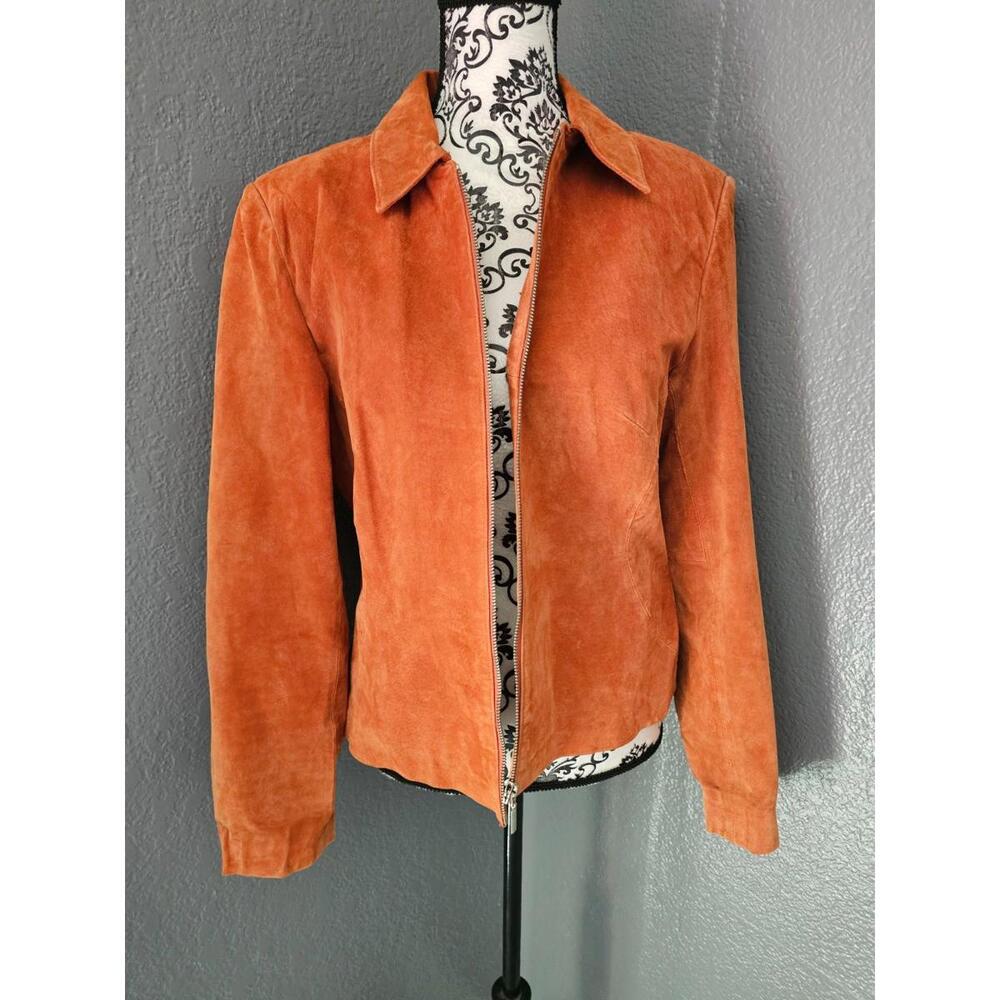 Women s Vintage Suede Clio Full Zip Up Jacket Orange Size 10 Padded Shoulders - Picture 1 of 16